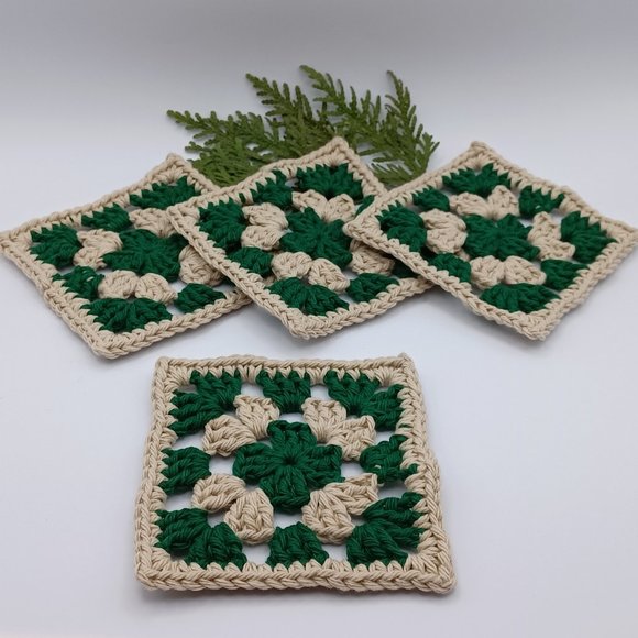 Handcrafted Cotton Coasters - Set of 4 - Hunter green and tan - Picture 2 of 3